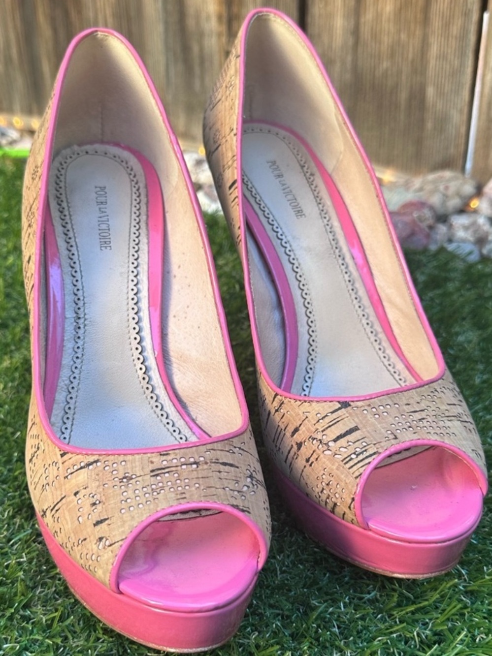 Pour La Victoire Pink Trim Cork Peep-Toe Platform Pumps - Picture 5 of 8